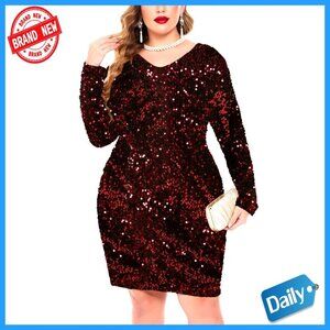 Sequin Party Dress V Neck Long Sleeve Cocktail Formal Elegant Plus Size